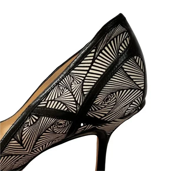 Jimmy Choo Hardy Silk Peep Toe Pumps Art Deco Print Nappa Leather 40.5 1…